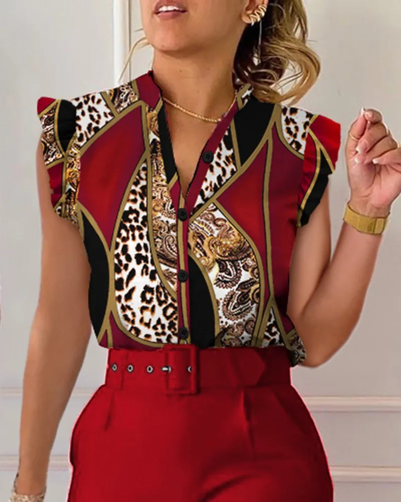 2023 Summer V-neck Button Petal Sleeve Printed Shirt Female Slim Single Breasted Blouse  Женская Рубашка Chemisier Femme Blusas - Image 2
