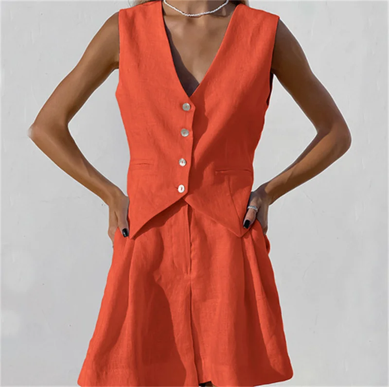 2023 summer Women Cotton Linen Waistcoat Solid Single Vest Tops Two Piece Set Basic Wide Leg Shorts Outfits Y2K office lady - Image 10
