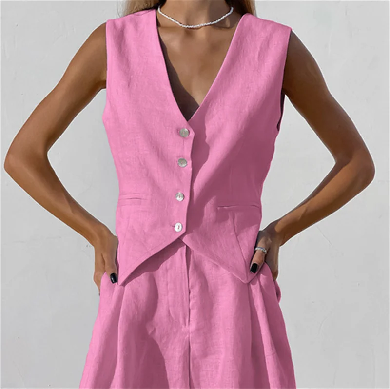 2023 summer Women Cotton Linen Waistcoat Solid Single Vest Tops Two Piece Set Basic Wide Leg Shorts Outfits Y2K office lady - Image 11