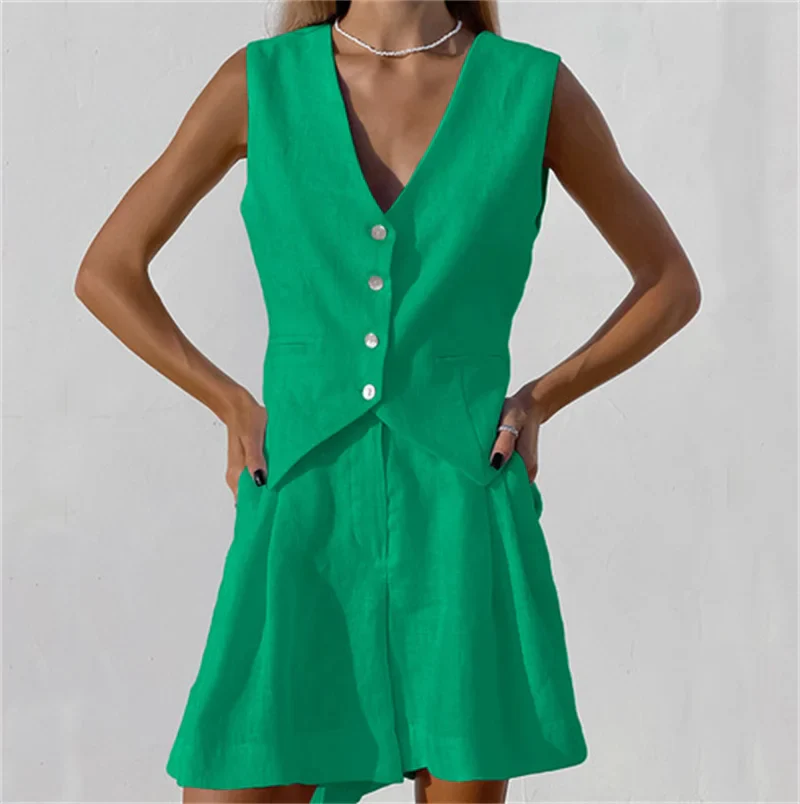 2023 summer Women Cotton Linen Waistcoat Solid Single Vest Tops Two Piece Set Basic Wide Leg Shorts Outfits Y2K office lady - Image 13
