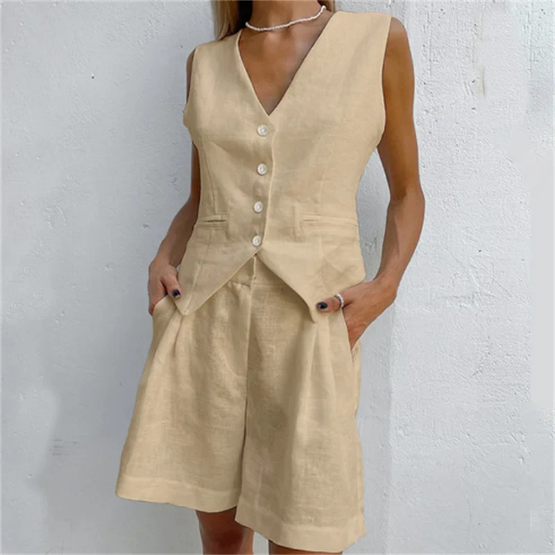 2023 summer Women Cotton Linen Waistcoat Solid Single Vest Tops Two Piece Set Basic Wide Leg Shorts Outfits Y2K office lady - Image 14