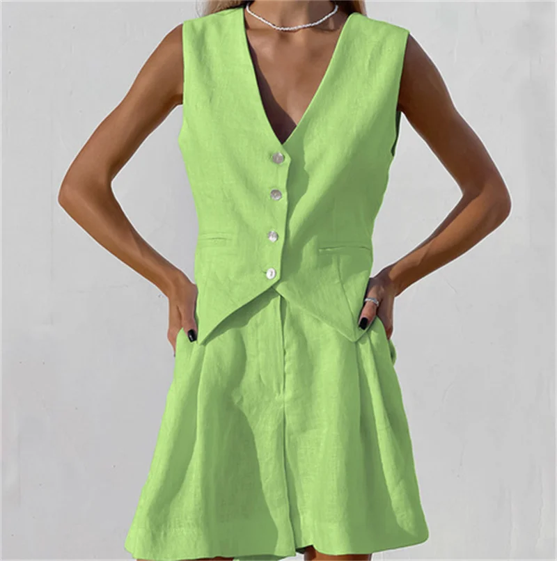 2023 summer Women Cotton Linen Waistcoat Solid Single Vest Tops Two Piece Set Basic Wide Leg Shorts Outfits Y2K office lady - Image 16