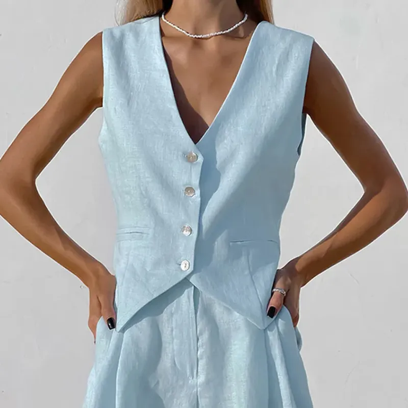2023 summer Women Cotton Linen Waistcoat Solid Single Vest Tops Two Piece Set Basic Wide Leg Shorts Outfits Y2K office lady - Image 3