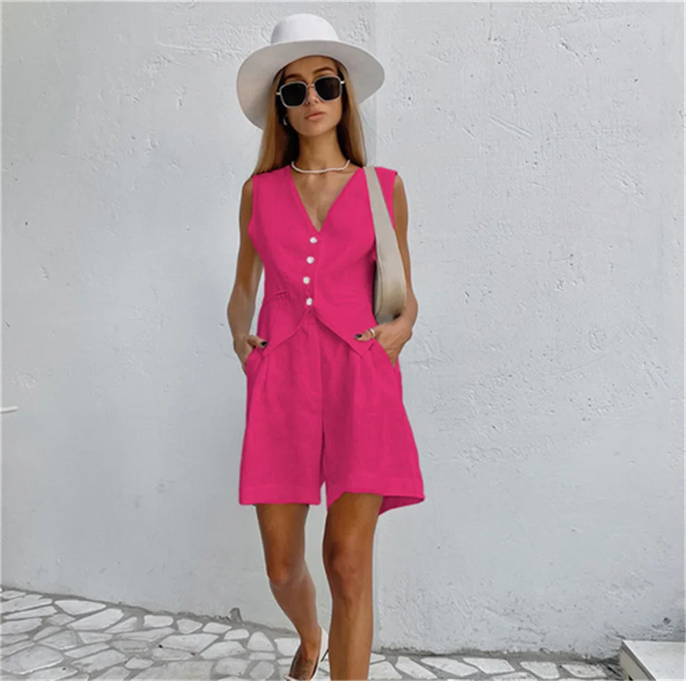 2023 summer Women Cotton Linen Waistcoat Solid Single Vest Tops Two Piece Set Basic Wide Leg Shorts Outfits Y2K office lady - Image 5
