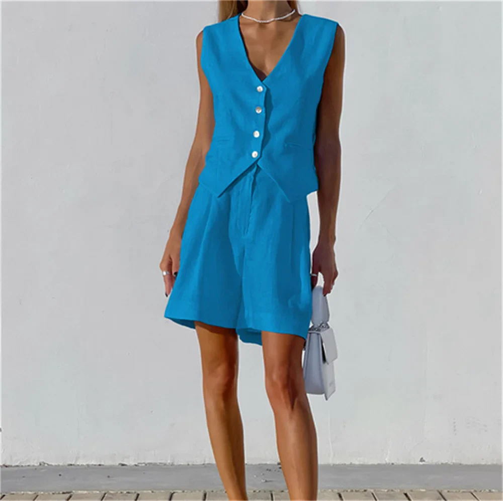 2023 summer Women Cotton Linen Waistcoat Solid Single Vest Tops Two Piece Set Basic Wide Leg Shorts Outfits Y2K office lady - Image 6