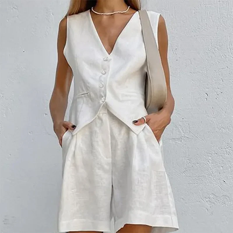 2023 summer Women Cotton Linen Waistcoat Solid Single Vest Tops Two Piece Set Basic Wide Leg Shorts Outfits Y2K office lady - Image 7