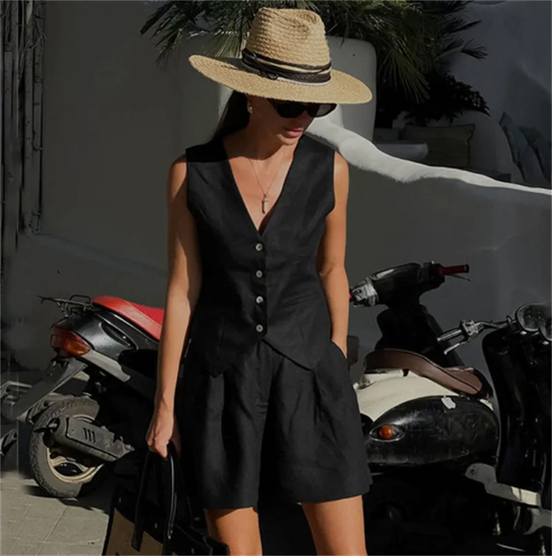 2023 summer Women Cotton Linen Waistcoat Solid Single Vest Tops Two Piece Set Basic Wide Leg Shorts Outfits Y2K office lady - Image 9