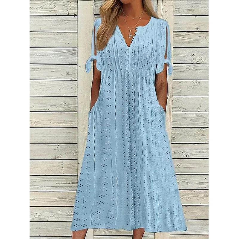 2023 Summer Women's Dress With Hollow Out V-neck Lace Ruffles Chic Elegant Long Dresses Pullover High Waist White Beach Vestidos - Image 2