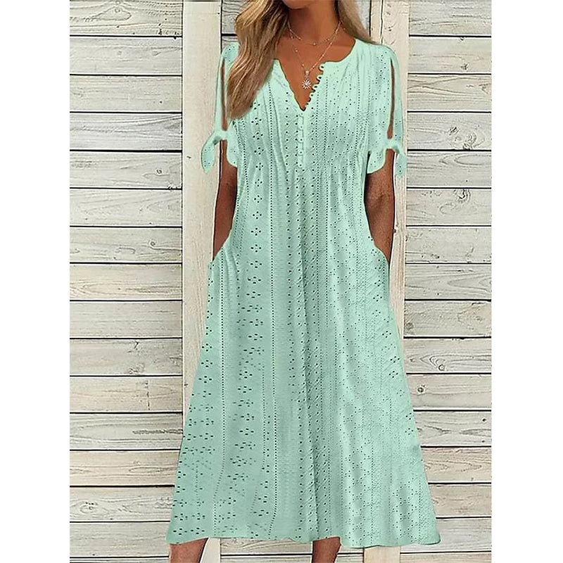 2023 Summer Women's Dress With Hollow Out V-neck Lace Ruffles Chic Elegant Long Dresses Pullover High Waist White Beach Vestidos - Image 3