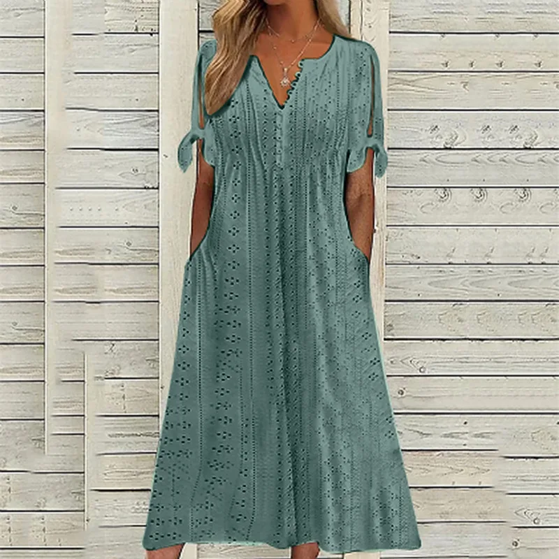 2023 Summer Women's Dress With Hollow Out V-neck Lace Ruffles Chic Elegant Long Dresses Pullover High Waist White Beach Vestidos - Image 5