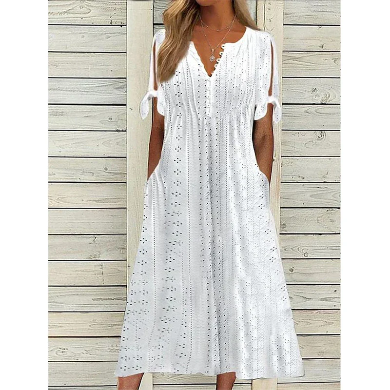 2023 Summer Women's Dress With Hollow Out V-neck Lace Ruffles Chic Elegant Long Dresses Pullover High Waist White Beach Vestidos - Image 7