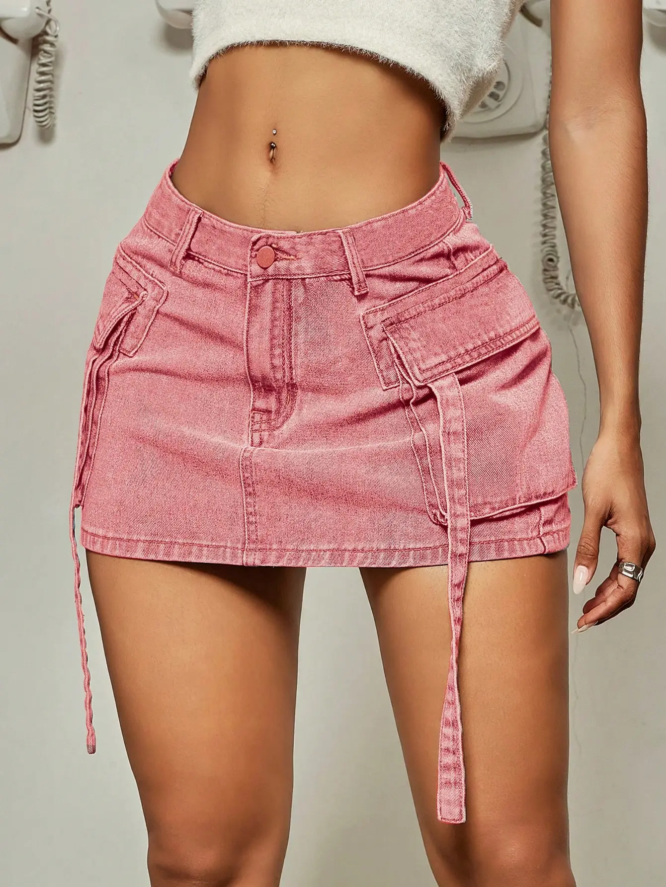 2023 Trendy Street Tooling Style Flap Pocket Ribbon Details Slim Workwear Denim Mini Skirt High Street Clothing - Image 10