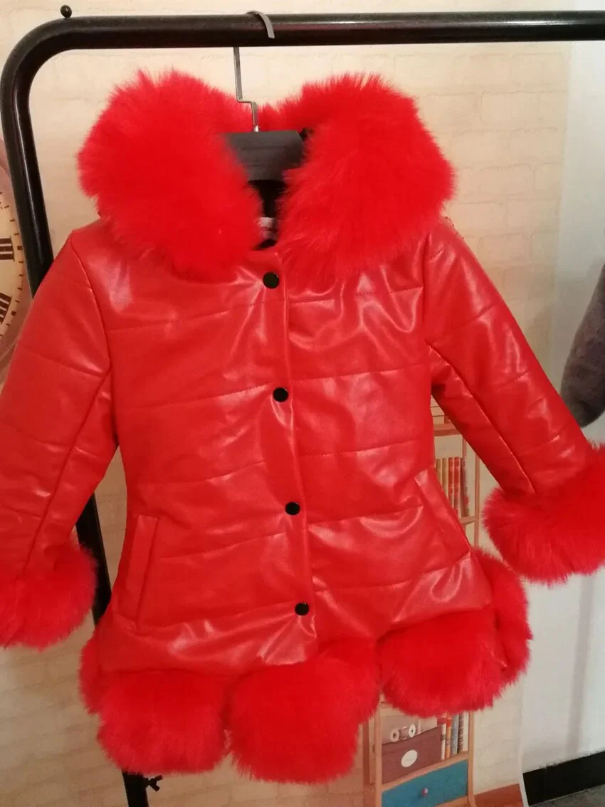 2023 Winter Kids Girls PU Leather Patchwork Faux Fox Fur Collar Down Jacket Coat Children Thick Warm Hooded Parkas Outerwear W31 - Image 10