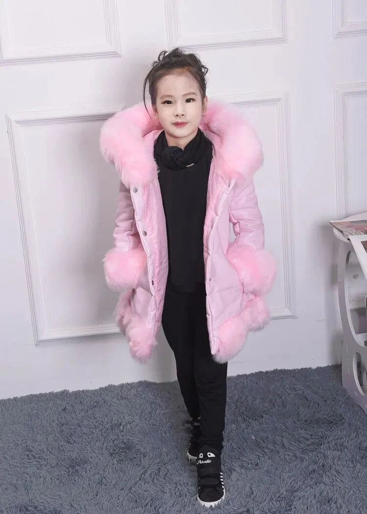 2023 Winter Kids Girls PU Leather Patchwork Faux Fox Fur Collar Down Jacket Coat Children Thick Warm Hooded Parkas Outerwear W31 - Image 11