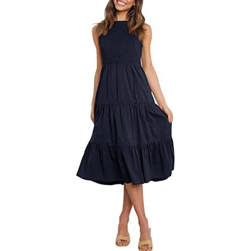 2023 Women Casual Sleeveless Dress Summer Outfits Smocked Tiered A-Line Large Swing Sundress Elastic Waist Solid Color Y1QD - Image 9