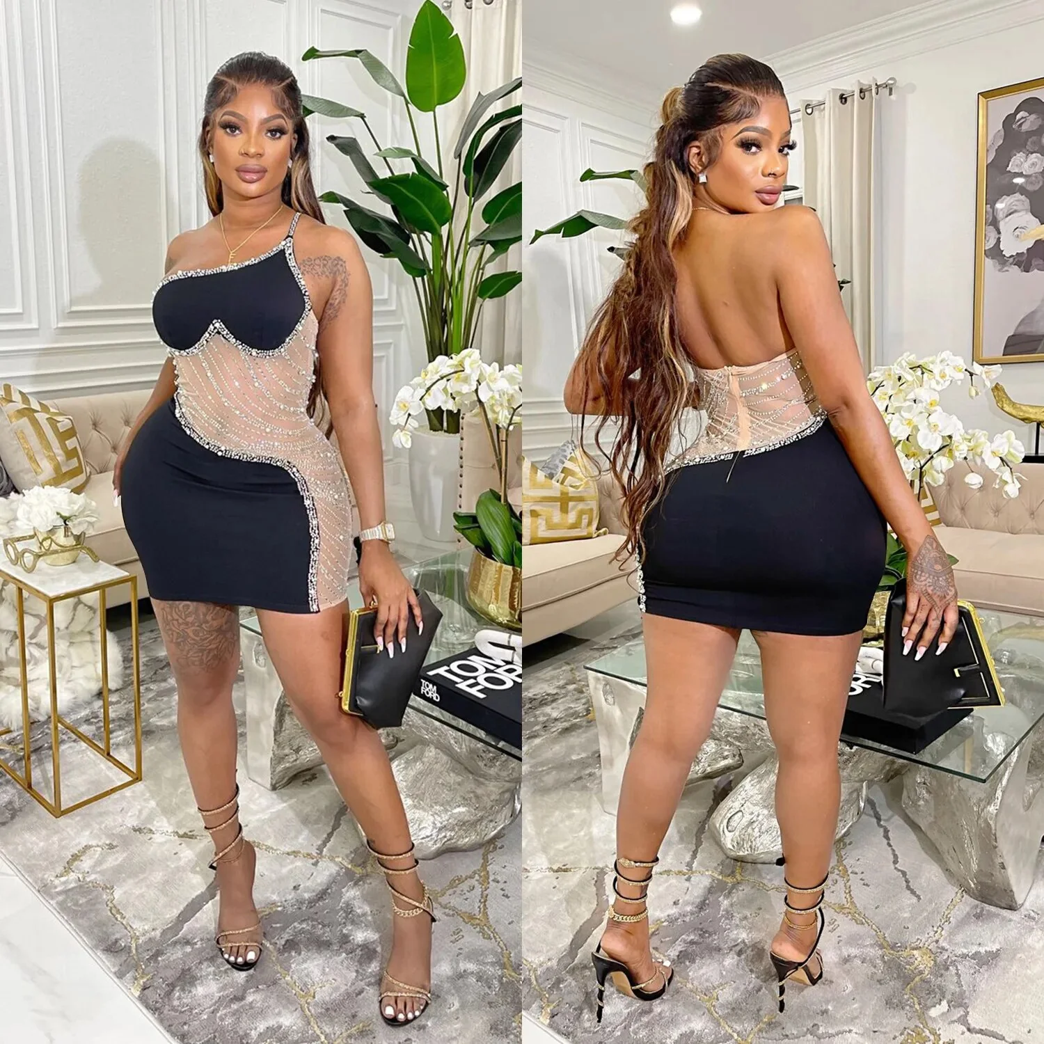 2023 Women Dresses One Shoulder Sleeveless Mesh Patchwork Diamonds Maxi Long Club Evening Sexy Party Vestidos Robe Femme - Image 13