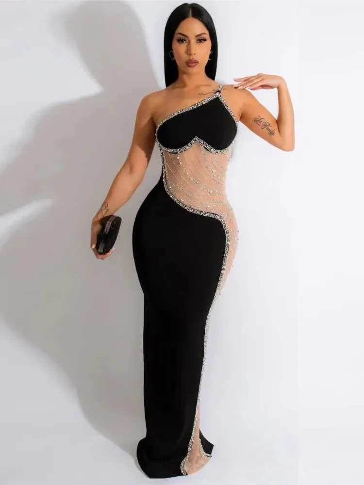 2023 Women Dresses One Shoulder Sleeveless Mesh Patchwork Diamonds Maxi Long Club Evening Sexy Party Vestidos Robe Femme - Image 2