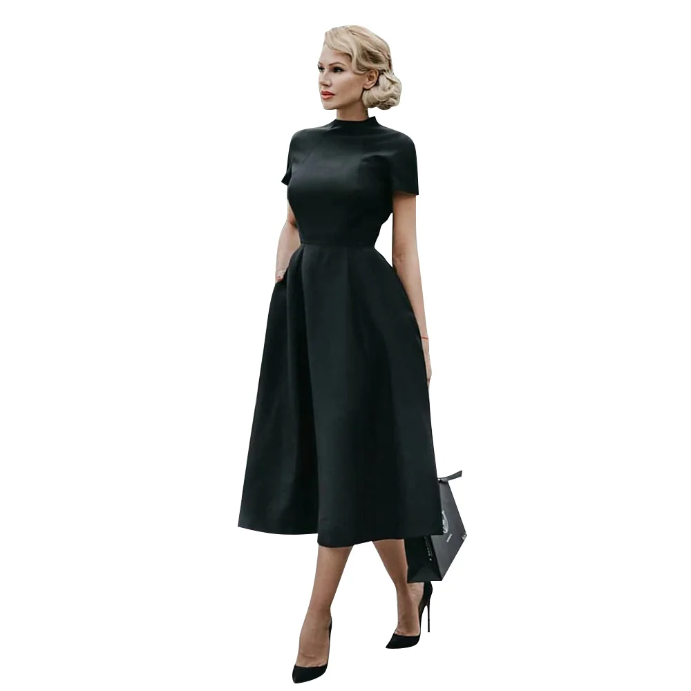 2023 Women Elegant Black Dress Half High Collar High Waist A-Line Dresses Slim Fit Dress Office Lady Female Solid Vestidos - Image 2