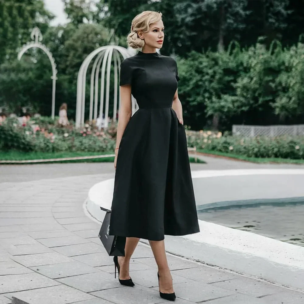 2023 Women Elegant Black Dress Half High Collar High Waist A-Line Dresses Slim Fit Dress Office Lady Female Solid Vestidos - Image 3