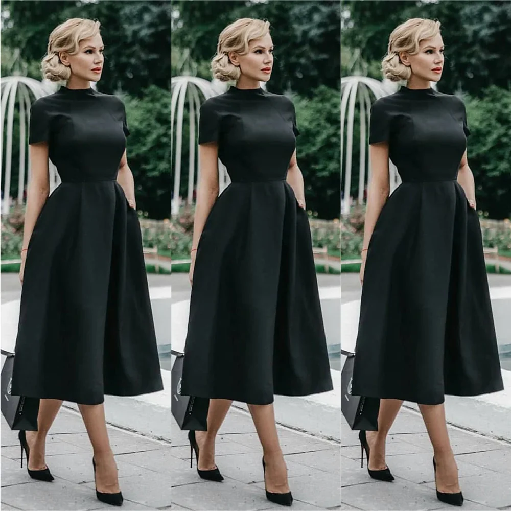 2023 Women Elegant Black Dress Half High Collar High Waist A-Line Dresses Slim Fit Dress Office Lady Female Solid Vestidos - Image 4