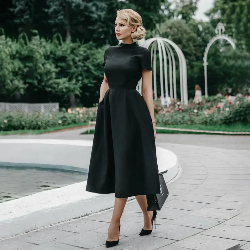 2023 Women Elegant Black Dress Half High Collar High Waist A-Line Dresses Slim Fit Dress Office Lady Female Solid Vestidos - Image 7