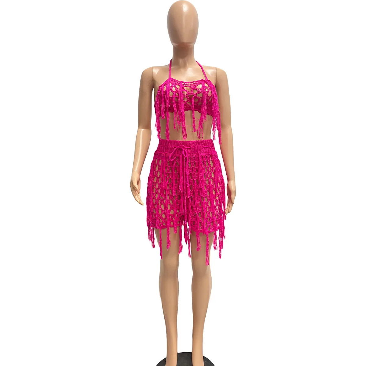 2023 Women Fashion Solid Color Suits Tassel Lace Up Open Back Sexy Perspective Red Beach Shorts Two Piece Set - Image 6