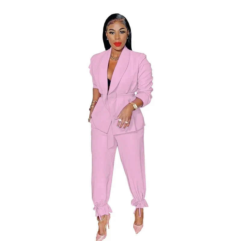 2023 Women's 2PCS Pants Set Solid Lace up Long Sleeve Blazer Suits and Pants for Ladies Slim Fit Casual Two Piece Sets Outfits - Image 8