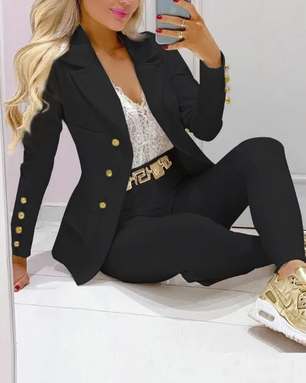 2023 Women's 2pcs Tracksuits Solid Long Sleeve Blazer Pants Suit Sets Office Lady Tracksuit Two Piece Set Fitness Outfits Woman - Image 8