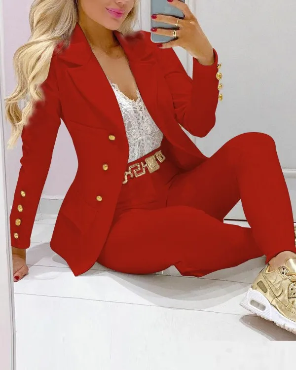 2023 Women's 2pcs Tracksuits Solid Long Sleeve Blazer Pants Suit Sets Office Lady Tracksuit Two Piece Set Fitness Outfits Woman - Image 9