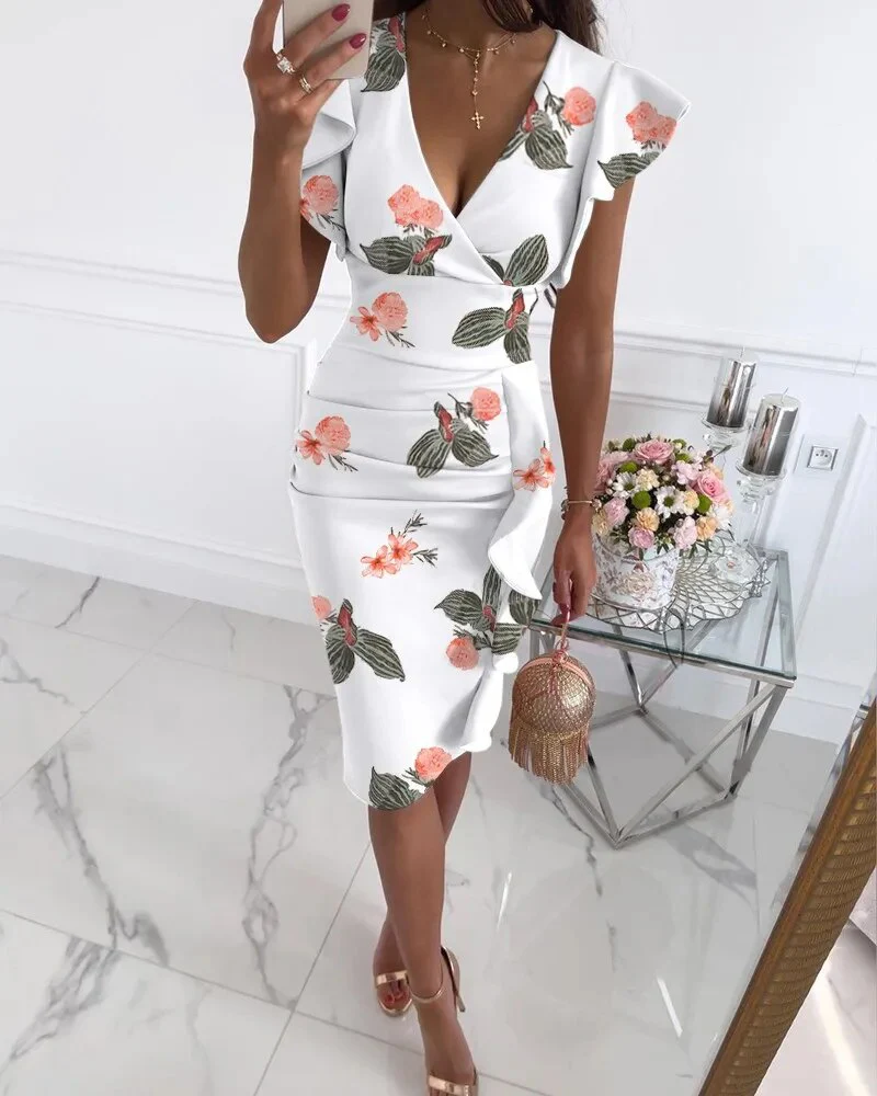 2023 Women's New Summer Fashion Temperament Elegant Sexy Comfortable V-neck Slim Fit Waist Pull Ruffle Edge Wrap Hip Dress - Image 11