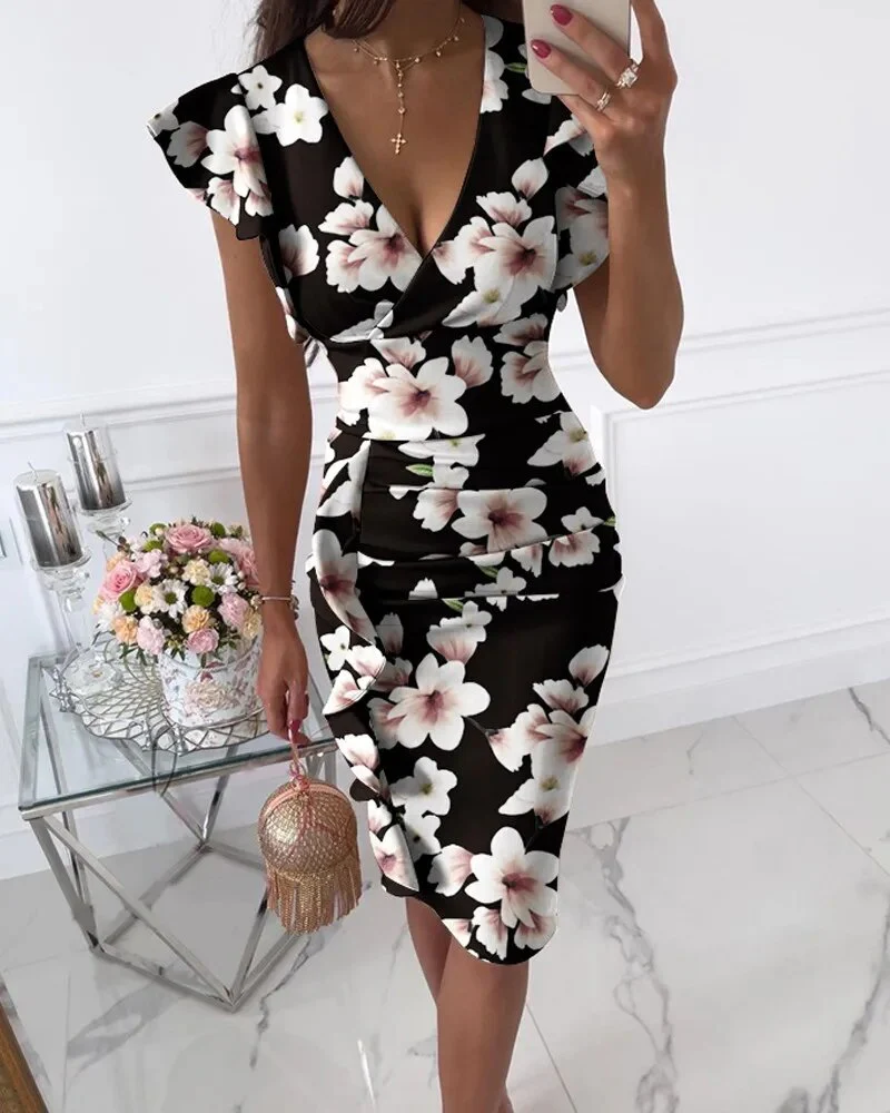 2023 Women's New Summer Fashion Temperament Elegant Sexy Comfortable V-neck Slim Fit Waist Pull Ruffle Edge Wrap Hip Dress - Image 13