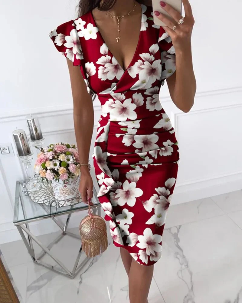 2023 Women's New Summer Fashion Temperament Elegant Sexy Comfortable V-neck Slim Fit Waist Pull Ruffle Edge Wrap Hip Dress - Image 14