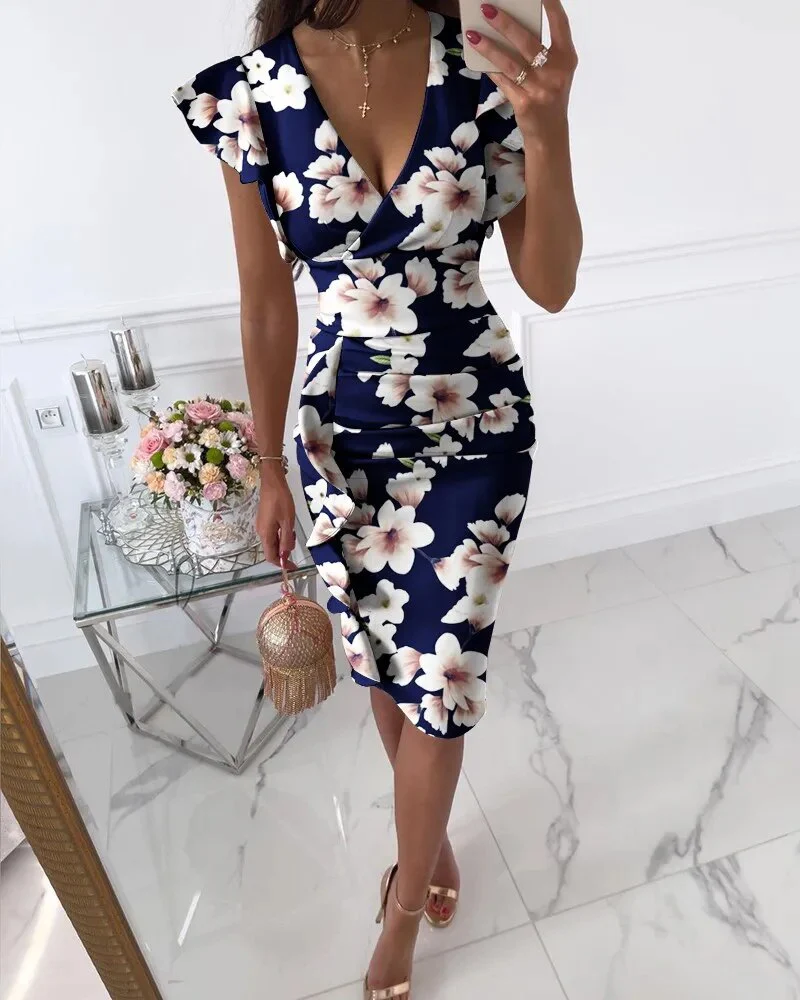 2023 Women's New Summer Fashion Temperament Elegant Sexy Comfortable V-neck Slim Fit Waist Pull Ruffle Edge Wrap Hip Dress - Image 15