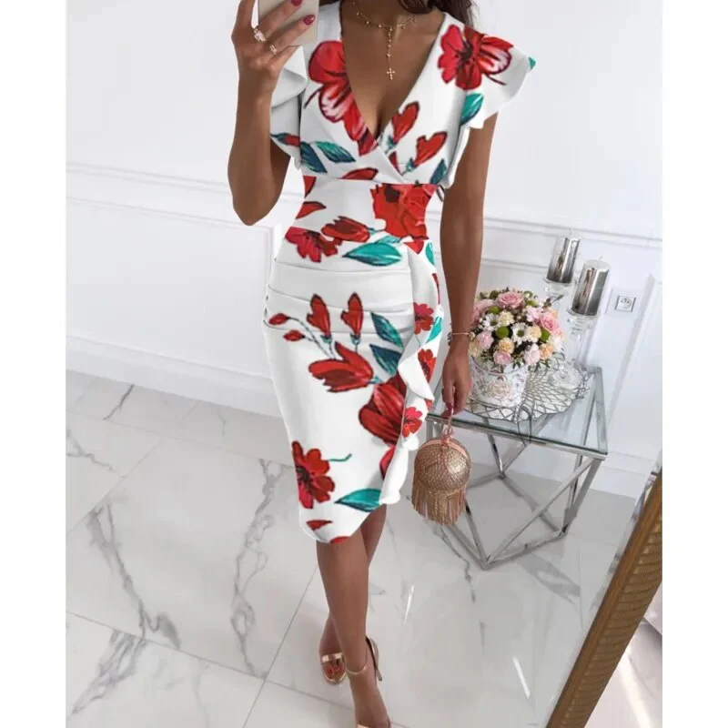 2023 Women's New Summer Fashion Temperament Elegant Sexy Comfortable V-neck Slim Fit Waist Pull Ruffle Edge Wrap Hip Dress - Image 3