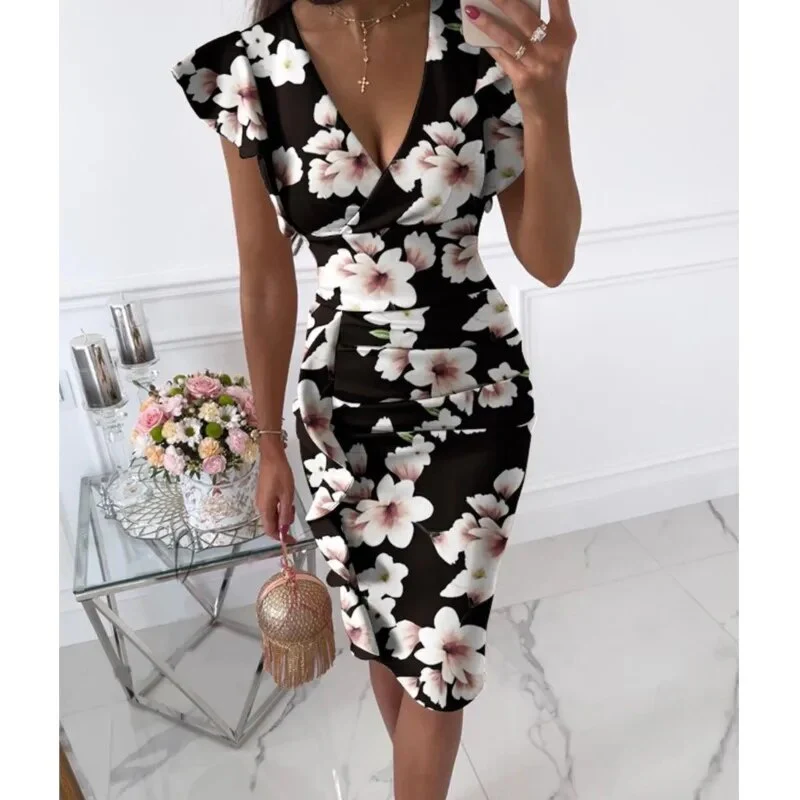 2023 Women's New Summer Fashion Temperament Elegant Sexy Comfortable V-neck Slim Fit Waist Pull Ruffle Edge Wrap Hip Dress - Image 4
