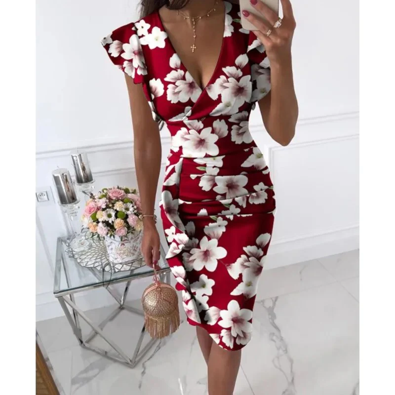 2023 Women's New Summer Fashion Temperament Elegant Sexy Comfortable V-neck Slim Fit Waist Pull Ruffle Edge Wrap Hip Dress - Image 5