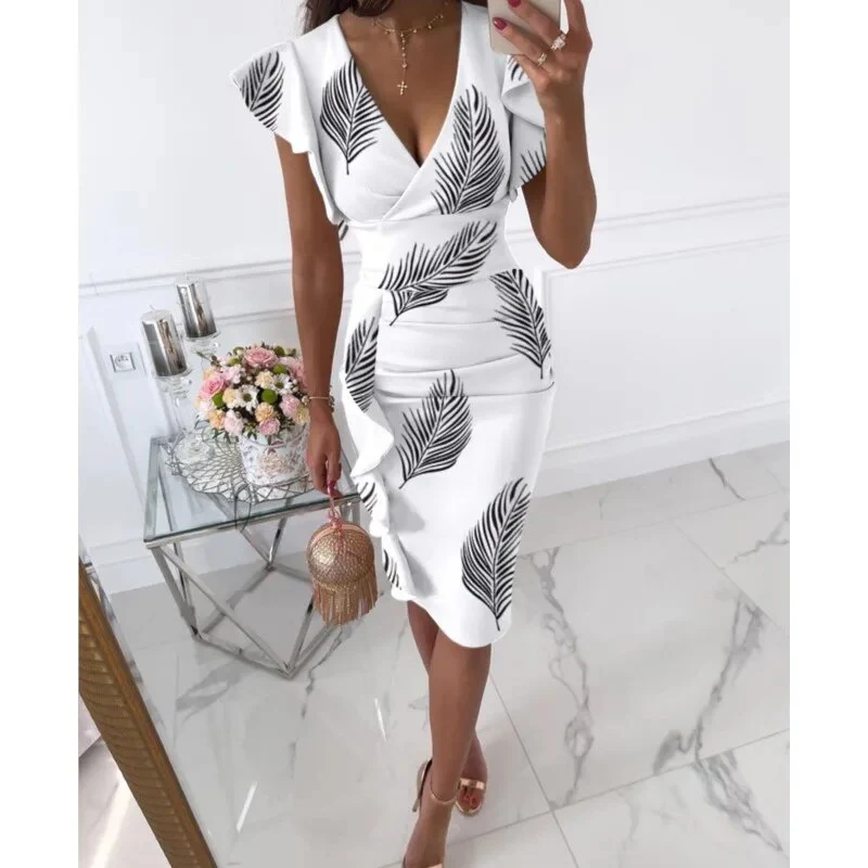 2023 Women's New Summer Fashion Temperament Elegant Sexy Comfortable V-neck Slim Fit Waist Pull Ruffle Edge Wrap Hip Dress - Image 6