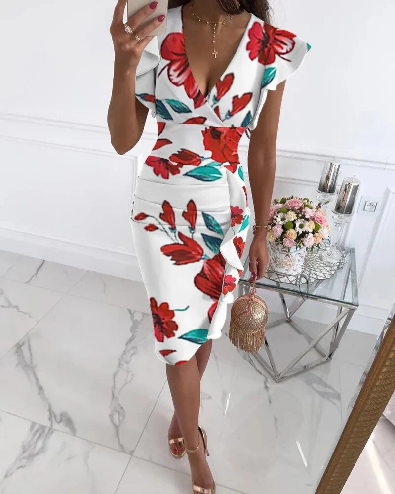 2023 Women's New Summer Fashion Temperament Elegant Sexy Comfortable V-neck Slim Fit Waist Pull Ruffle Edge Wrap Hip Dress - Image 7