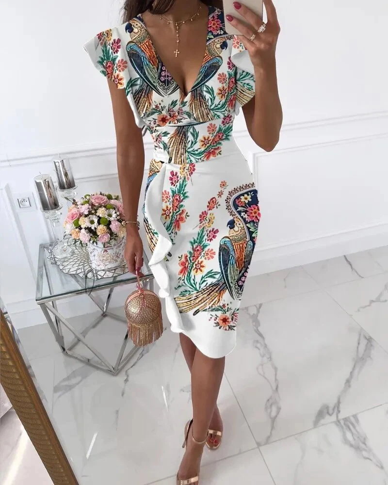 2023 Women's New Summer Fashion Temperament Elegant Sexy Comfortable V-neck Slim Fit Waist Pull Ruffle Edge Wrap Hip Dress - Image 9