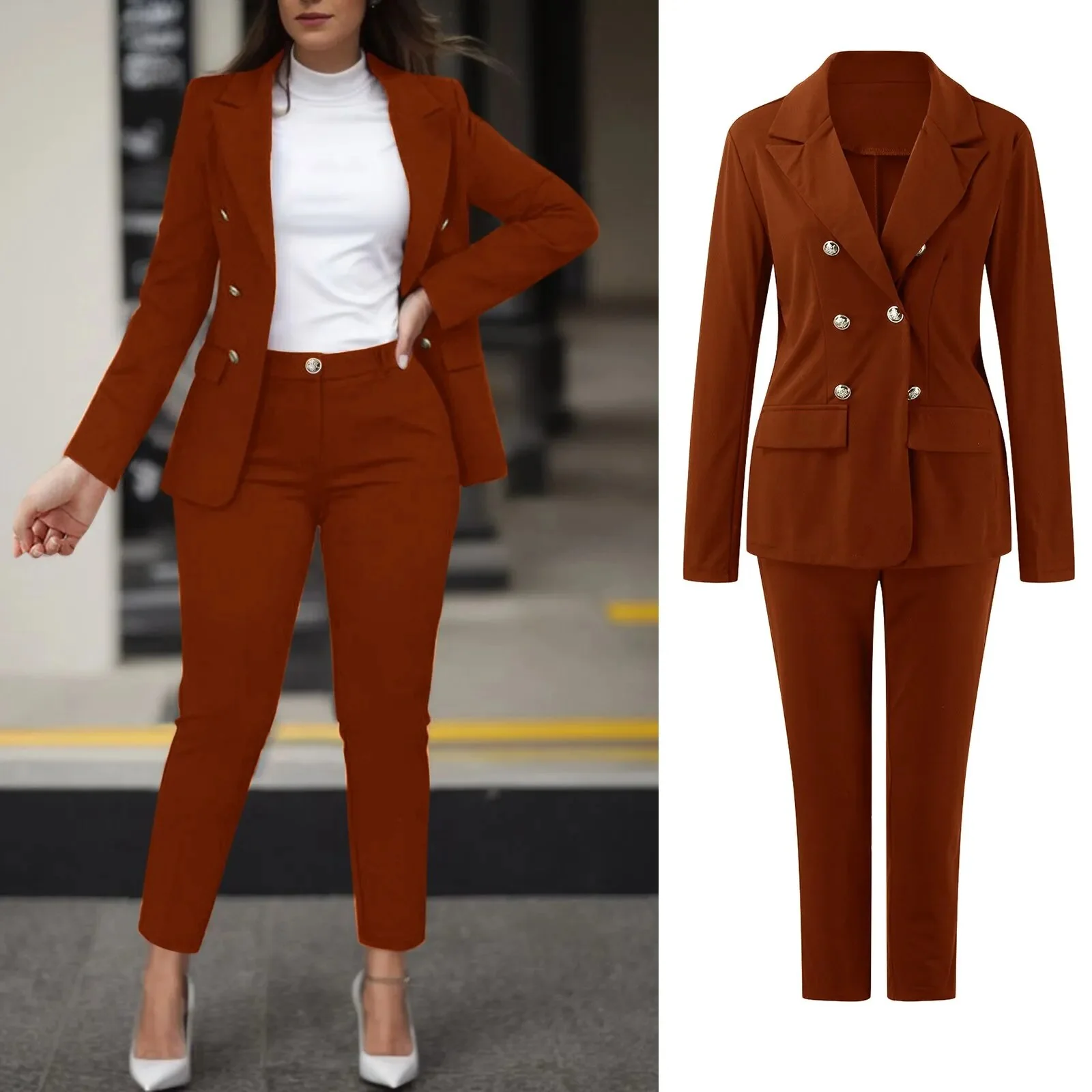 2023 Women's Two Pieces Pant Sets Formal Business Double Breasted Blazers Jacket And Pants 2 Piece Set Elegant Ladies Pant Suits - Image 11