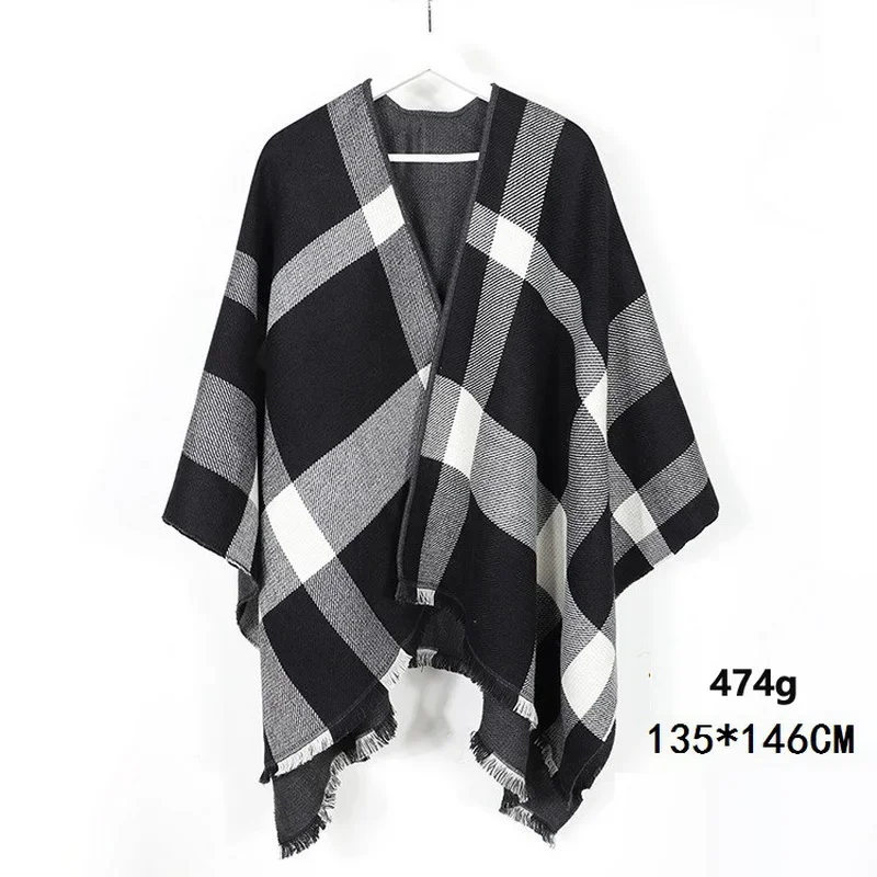 2023 Women's V-neck Cashmere Bat Sleeved Poncho Cape Coat Shawl Cardigan Argyle with Tassels Detail Female Spring Autumn Ponchos - Image 21