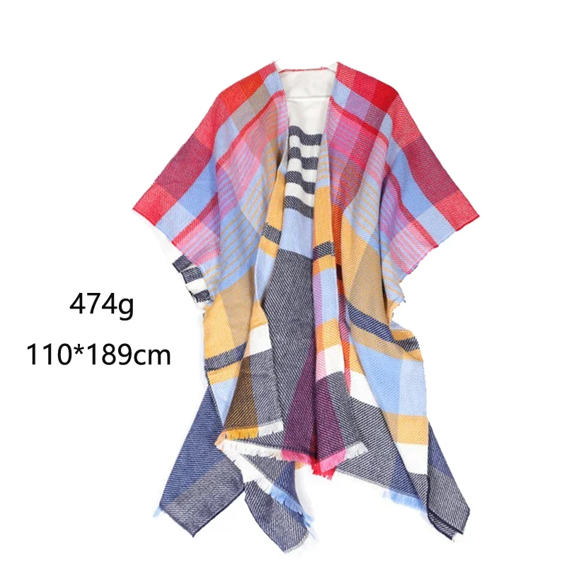 2023 Women's V-neck Cashmere Bat Sleeved Poncho Cape Coat Shawl Cardigan Argyle with Tassels Detail Female Spring Autumn Ponchos - Image 29