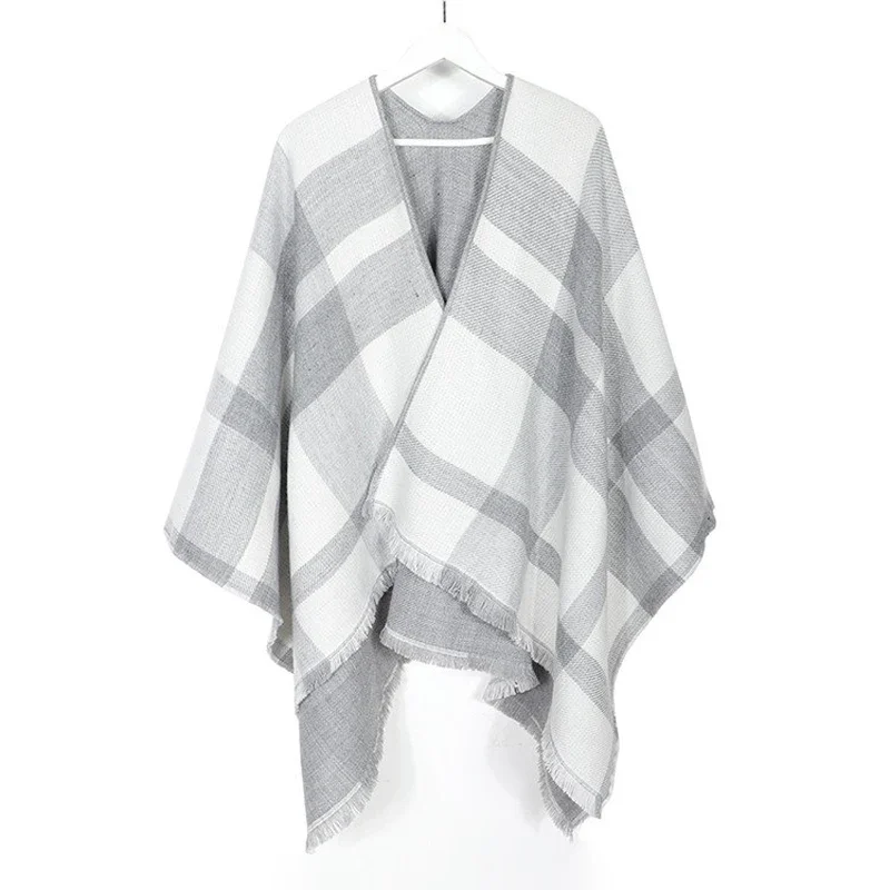 2023 Women's V-neck Cashmere Bat Sleeved Poncho Cape Coat Shawl Cardigan Argyle with Tassels Detail Female Spring Autumn Ponchos - Image 3