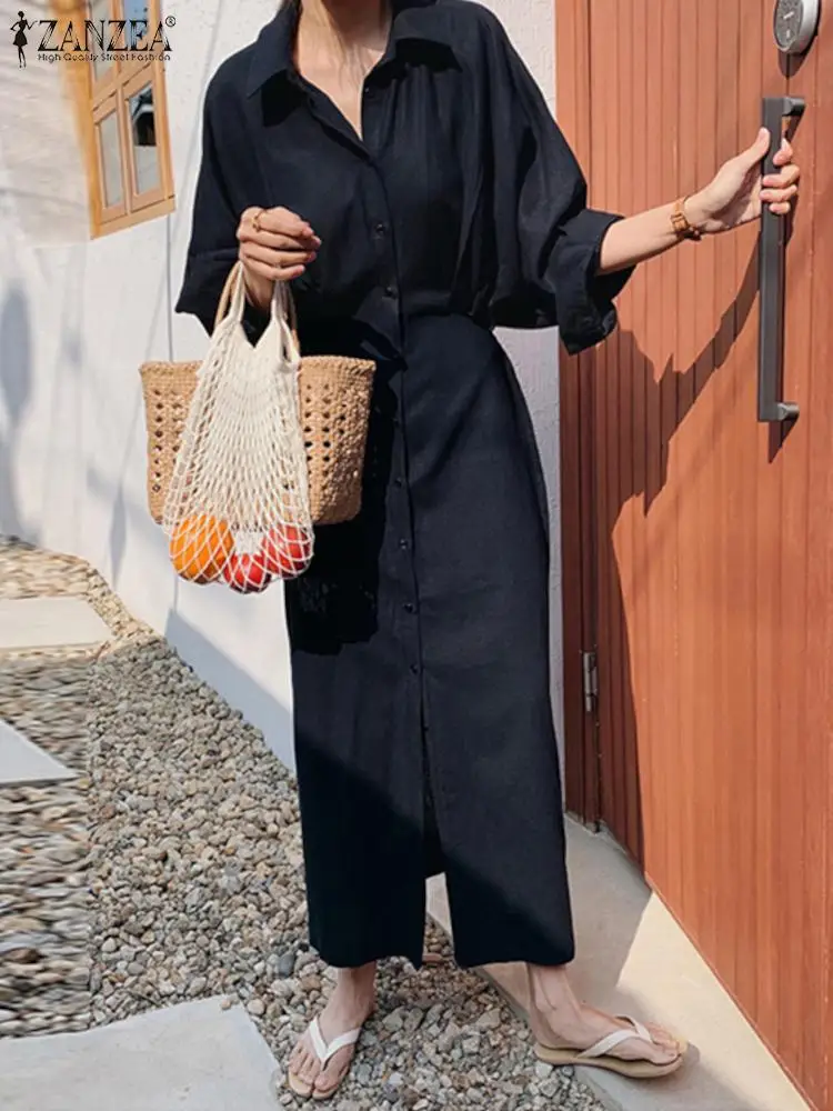 2023 ZANZEA Summer EWomen Lapel Neck Long Sleeve legant OL Shirt Dress Casual Office Work Sundress Robe Femme Party Vestidos - Image 3