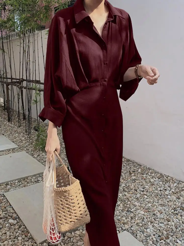 2023 ZANZEA Summer EWomen Lapel Neck Long Sleeve legant OL Shirt Dress Casual Office Work Sundress Robe Femme Party Vestidos - Image 4