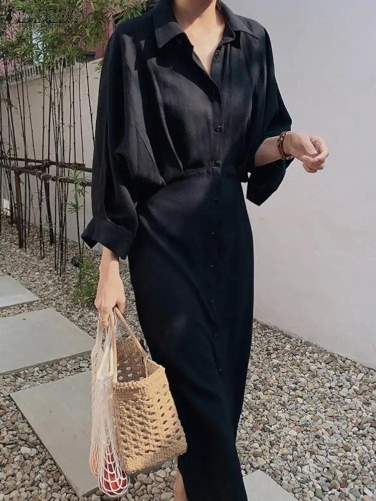 2023 ZANZEA Summer EWomen Lapel Neck Long Sleeve legant OL Shirt Dress Casual Office Work Sundress Robe Femme Party Vestidos - Image 6