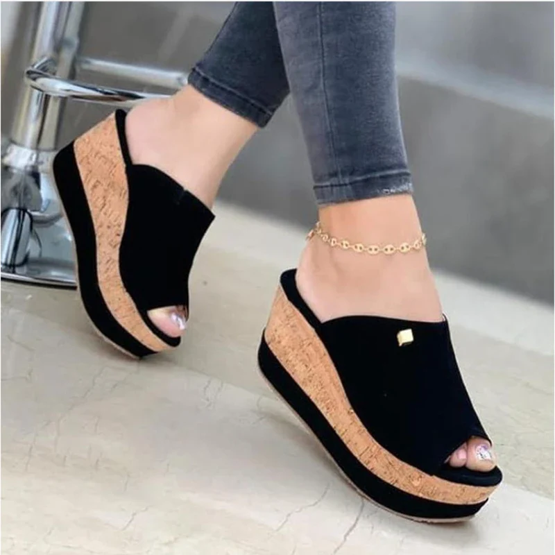 2023Slippers Summer  Wedges  Retro Fish Mouth Large Size Sandals Women High Heel Platform Solid Color Plus Size Shoes Sandalias - Image 5