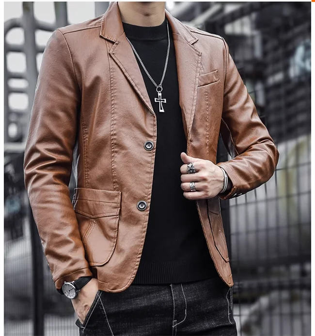 2024 New Men Business Casual Leather Jacket Black / khaki Fashion Male Suit Collar Coats Large Size 5XL Slim Fit Top - Image 13