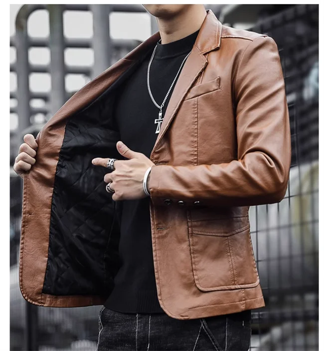 2024 New Men Business Casual Leather Jacket Black / khaki Fashion Male Suit Collar Coats Large Size 5XL Slim Fit Top - Image 14