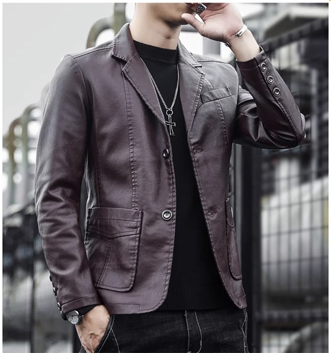 2024 New Men Business Casual Leather Jacket Black / khaki Fashion Male Suit Collar Coats Large Size 5XL Slim Fit Top - Image 17